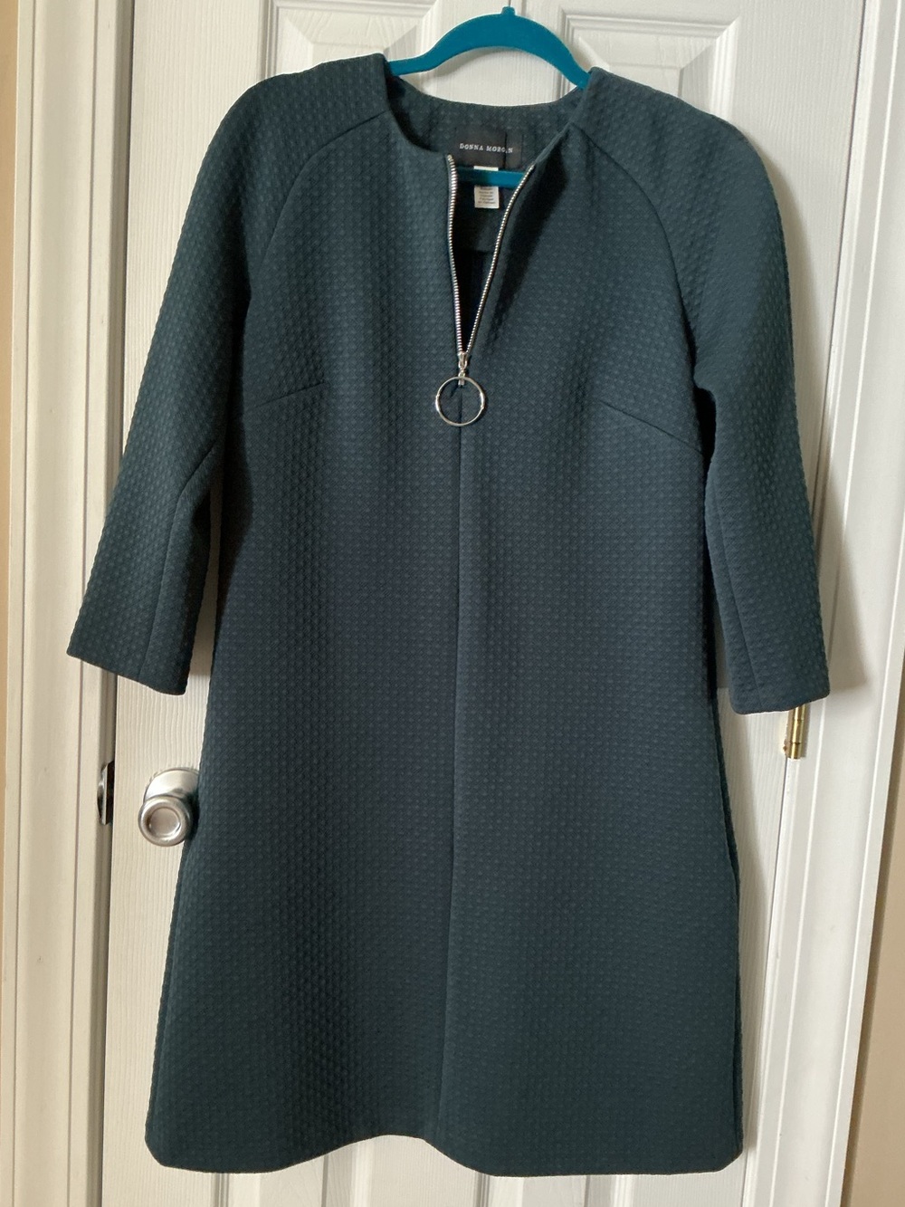 Donna Morgan Dark Teal Zip-Front A-Line Dress with Ring Pull